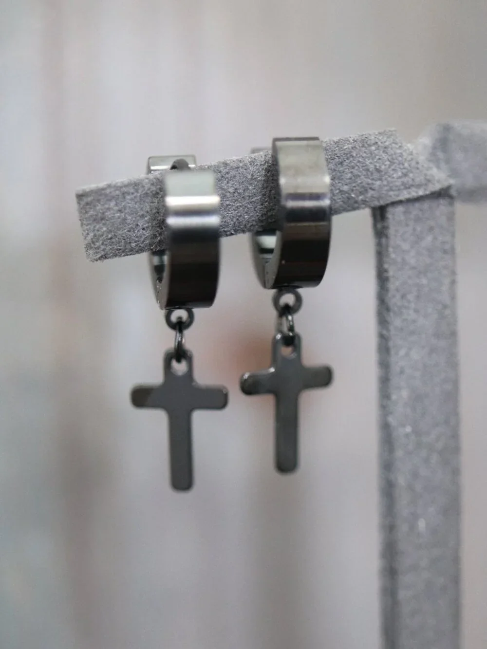 10mm Cross Charm Huggie Dangling Earrings Black Stainless Steel